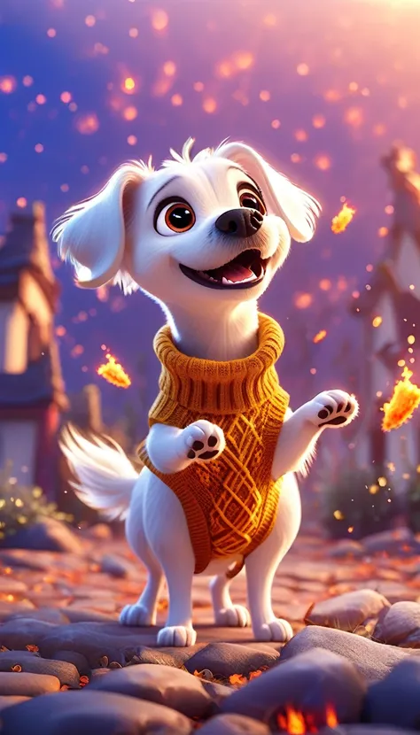 cute white dog, cartoon, meteor, fire sky,arms, sweater, cute eyes, looking at viewer, hands up, effects background, florest, particles,