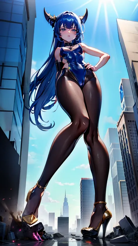 A colossal giantess succubus walks into a tiny city, breaking the floor and everything with her heels, she looks down and mocks you as you see him from below her tiny tits, full bodysuit  and long legs covered all in transparent pantyhose, look down, evil,...