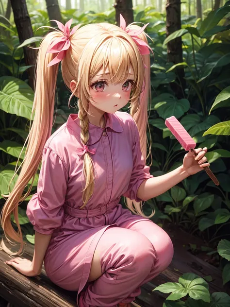 1 girl, two pigtails falling over her shoulders with pink rubber bands, blond hair, wearing a pink jumpsuit dress, cooling off with a chocolate popsicle, In a forest 