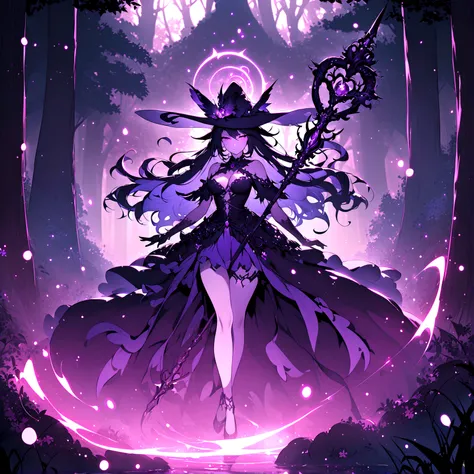 The high-resolution anime-style illustration depicts a mesmerizing forest witch adorned with a curvaceous figure accentuated by her enchanting attire, and a hat intricately crafted with vibrant purple gumdrops and soft moss. With an impeccable level of det...