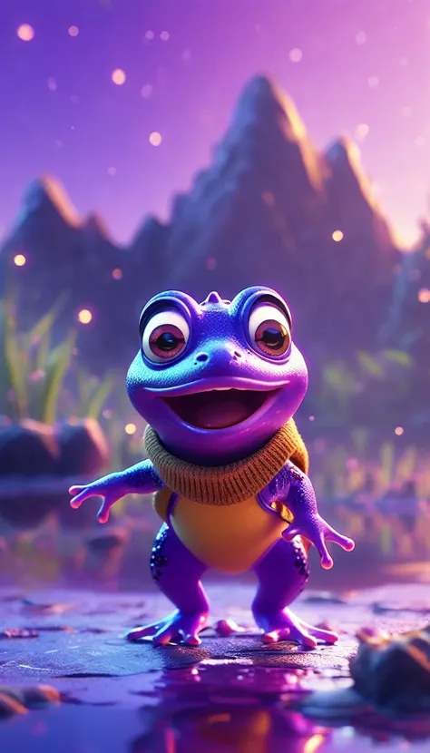 cute purple frog, standing on meteor ,cartoon, meteor, fire sky,arms, sweater, cute eyes, looking at viewer, hands up, effects background, florest, particles,