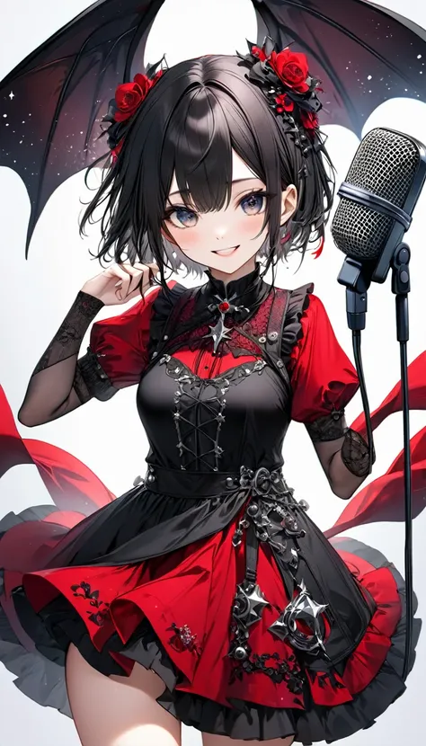 (((White background:1.2)))、(masterpiece、Ultra HD、Masterpiece、４K)、Perfect Style、Scandinavian Gothic Metal Girl, Intricate details, Highly detailed eyes, Black shorthair、Red Gothic Dress, Flash photography, Intricate details、smile、Wear long black boots、mini ...