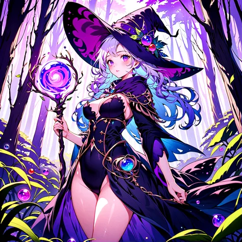 The high-resolution anime-style illustration depicts a mesmerizing forest witch adorned with a curvaceous figure accentuated by her enchanting attire, and a hat intricately crafted with vibrant purple gumdrops and soft moss. With an impeccable level of det...