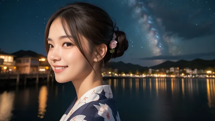 (1women), Updo hairstyle, (round eyes:1.2), (highly detailed face), (extremely detailed beautiful face), (smile happily), (floral pattern yukata), (Best Quality:1.4), (Ultra-detailed), extremely detailed CG unified 8k wallpaper, Realistic portrait, Beautif...