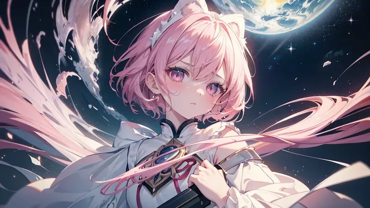 ((Glare,anger)) (((Highest quality、masterpiece、Ultra-fine、Ultra-fine、Exquisite、16K、Full HD,high school girl,))) 、Dark Eyes、Long eyelashes、White skin、(Pale pink lips、Pale pink cheeks、thin and long)、 ((cute)) ((One person)) 、((Glare)) 、Wide Shot、Space galaxy...