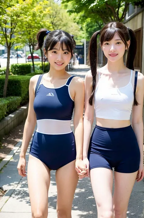 2 girls walking in sunny Japanese street,navy blue tight school swimsuit with white camisole straps and white trim,student bag,18-year-old,bangs,a little smile,thighs,knees,short hair with low bunches pigtails,from before,front light