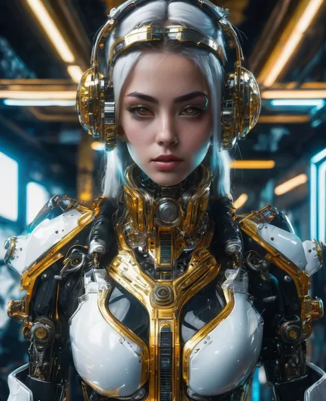 cyber punk, 最high quality, High resolution, 8K, Realist, Sharp focus, imagen fotorRealist de una hermosa chica con pechos grandes, traje de cuero blanco bright, With gold decoration, and steel , Bright eye color, ((Complex machine details)), In his room, w...