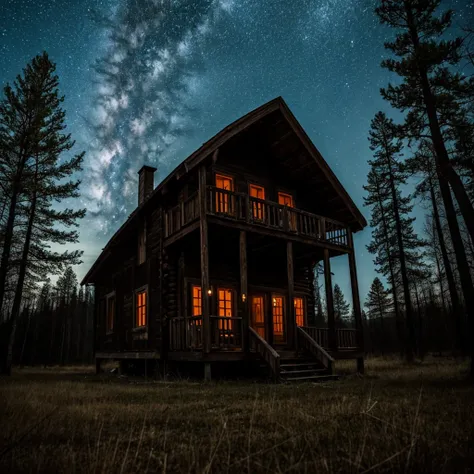 A spooky but eerily beautiful abandoned cabin in the middle of the spooky woods. Above the beautiful sky shows with stars and planets. A ghost couple standing on the front porch hugging in love.  Hd photo 