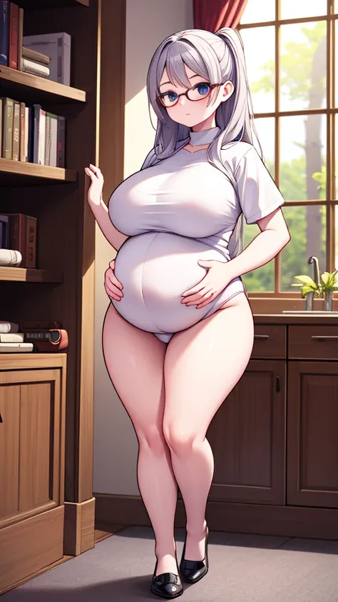 (Full body, glasses), An image of a pregnant girl. She has a very voluptuous body