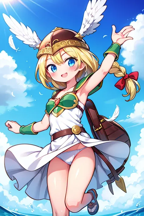 one girl, Valkyrie, blonde, single braid, cute, happy, nice smile, young, bright sunlight, Full body image, (masterpiece:1.2), best quality, masterpiece, top quality, looking at viewer, blush, white bird, feathers, fly in the sky, sky, helmet, shining eyes...