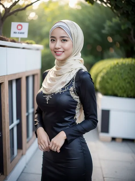 36 years Old, Hijab Indonesian mature woman, (hardware store), Slim body, tight long sleeve dress, Breast about To burst out, blur background, bokeh, smiling, elegant, detailed skin, 