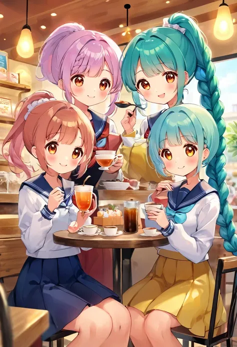 Highest quality、High resolution、Detailed Background、Beautiful face in every detail、Teenage beauty、Anatomically correct、Cute hair colour、Braided bob cut、ponytail、Sailor suit、Calm atmosphere、Happy expression、clear、
(Three women enjoying tea time in a cute ca...