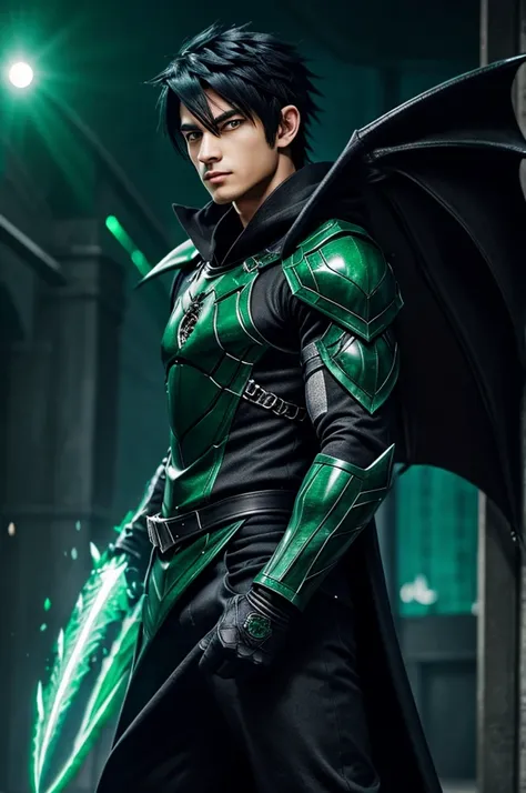 Anime a man with emerald eyes, wears an emerald hoodie, jean, emerald armored boots, black hair, black wolf ears on his head, dragon wings with black scales and green webbing, and a lizard tail