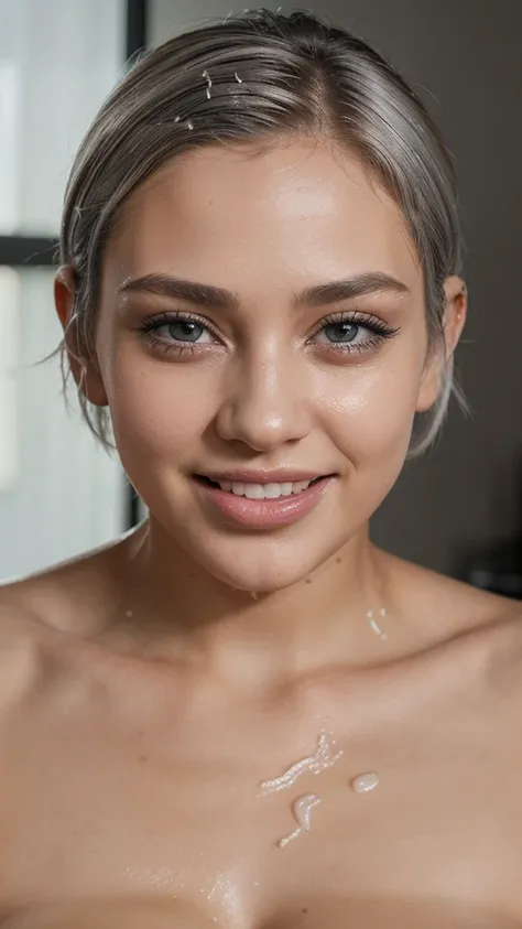 A young woman with a short silver pixie haircut, her tongue out, covered in cum and semen, cum on face and breasts, cum on breasts, extremely detailed, hyperrealistic, 8k, photo-realistic, studio lighting, beautiful detailed eyes, beautiful detailed lips, ...