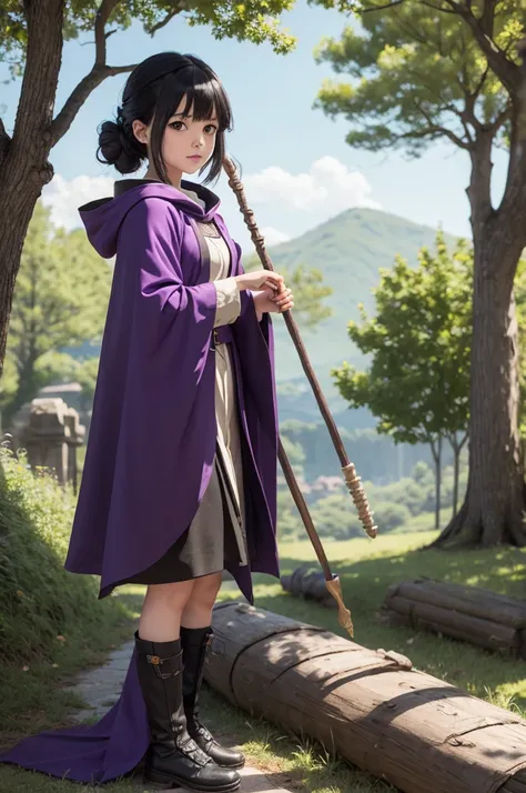 Cute anime style, black hair girl, purple cloak and an oak staff 