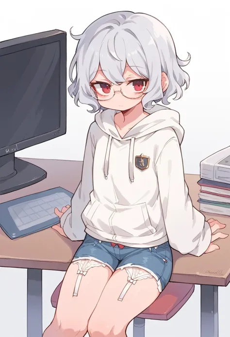 ((perfect human body)),1girl,silver hair,red eyes,curly medium short hair,square glasses,wearing a large white coat,hoodie,,dair...