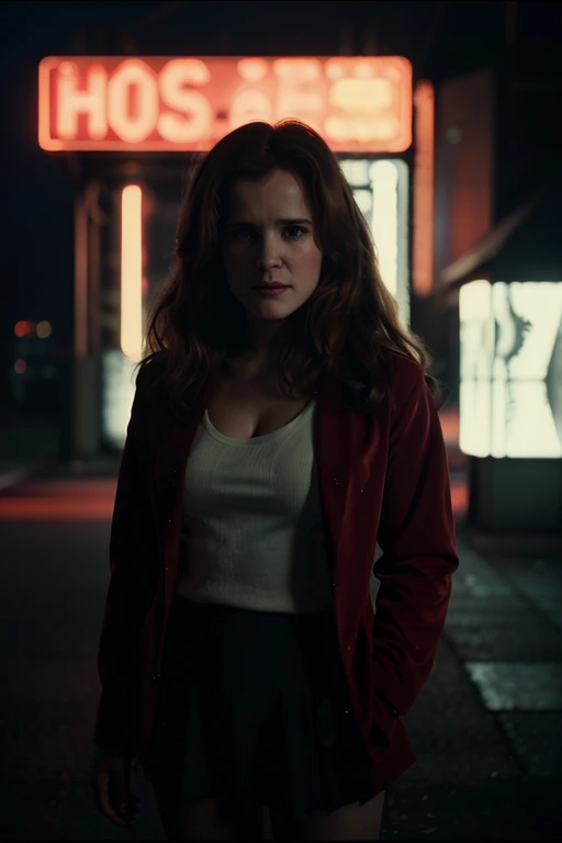 Twenty-five-year-old Lea Thompson, frowning, wearing dark-red blazer and skirt, extremely realistic, extremely detailed, extreme realism, extreme detail, extremely accurate resemblance, scene from film, directed by Michael Mann, cinematography by Dante Spi...