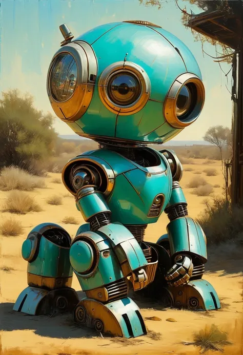 full length view. small funny robot, porcelain face and head, big turquoise eyes. sits over a broken robot and is sad, beautiful...