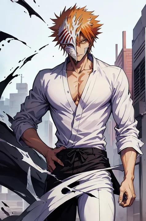 ((best quality)), ((masterpiece)), (detailed), a guy in white shirt , black pants , holding mask near his face, 8k anime, ichigo...