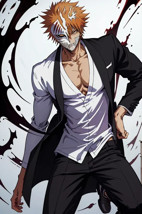 ((best quality)), ((masterpiece)), (detailed), a guy in white shirt , black pants , holding mask near his face, 8k anime, ichigo...