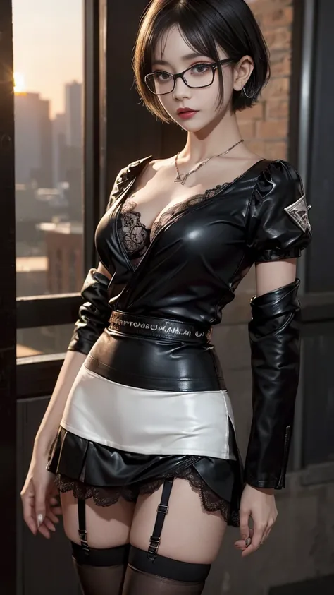 4K quality、The best high quality masterpiece、Punk girl wearing thin silver glasses and a black shirt, (heavy makeup), Blurred city background at sunrise, short hair, detailed face, high quality, High resolution、(full shot:1.8), big breastini skirt、garter b...