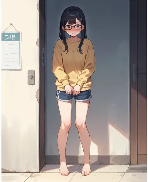 1girl with long hair and dress, 1 girl is taking to lavatory, long sleeves, black glasses, barefoot, looking at viewer, legs spread out, knees together, standing,  embarrassed, shorts, blush, Keep ones mouth shut,  street (girl is peeing self:0.395)