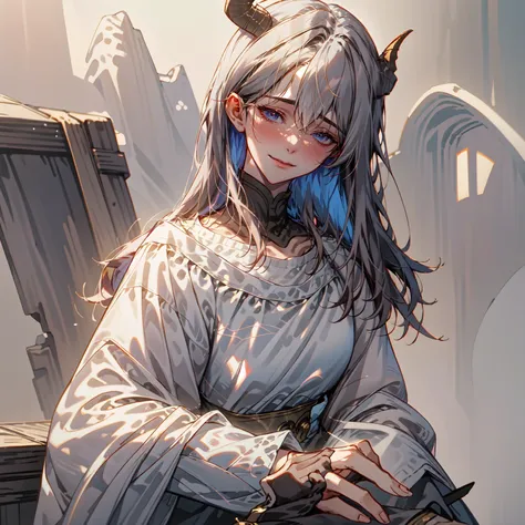 tiefling woman,drunk face, drunk blush ,mischevious look in her eyes, smiling drunk, blue skin,grey eyes, dusty brown hair ,ram horns blue skin color, blur light ,pastel painting ,
