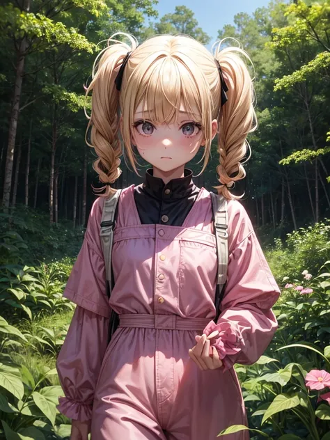 1 girl, two pigtails falling over her shoulders with pink rubber bands, blond hair, wearing a pink jumpsuit dress, In a forest, next to 1 boy with black hair, very messy hair, black eyes, wearing casual clothes