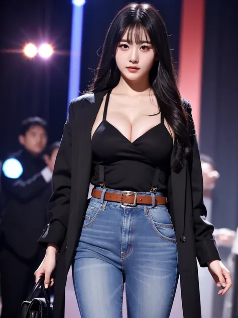 masterpiece、Highest quality、Ultra-high resolution、、colorful、Flat Color、Depth of written boundary、Lens Flare 1 Girl、、Black-haired、Staring at the audience　suit　Dress shirt　belt　suspenders　Working Adults　case　OL　　Black jacket　Glare　Big ample breasts　Sex　jeans