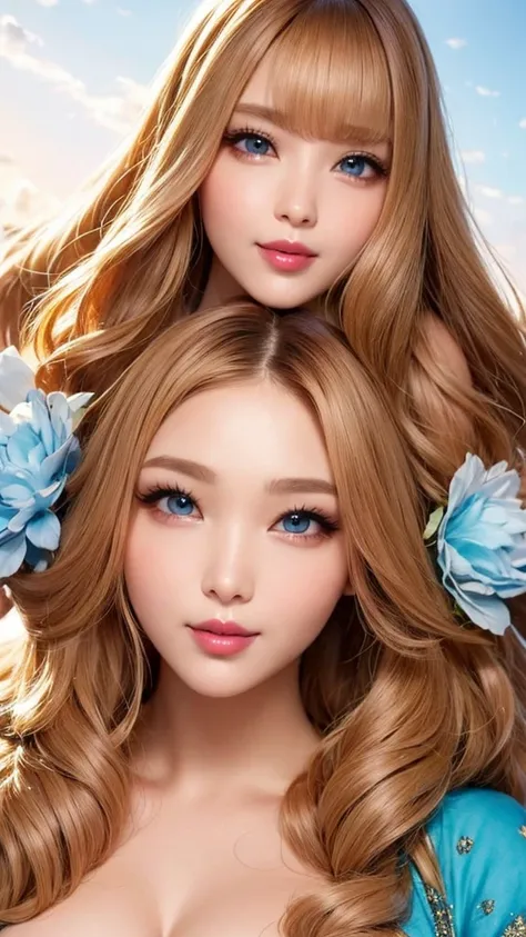 beauty, mystical eyes、big 、super sexy、pale skin、shiny hair、super long hair、loose and fluffy perm、close to blonde、are fat、fat、smi...