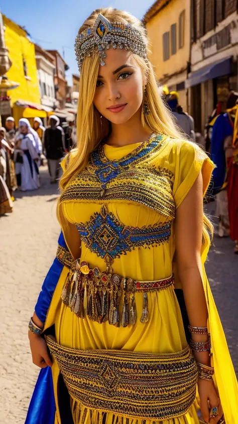 Most beautiful blonde woman, robe kabyle, berber,amazigh, kabyle beauty, bijoux,kabyledress, attractive, hd,best, perfect body ,yellow, street background 