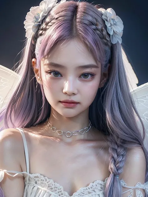 fairy wings, angel wings, complex background, pastel theme, light pink hair, grey hair, light purple hair, blue hair, many accessories, many jewelleries, braided hair, demon girl, horns on face, blackpink jennie 