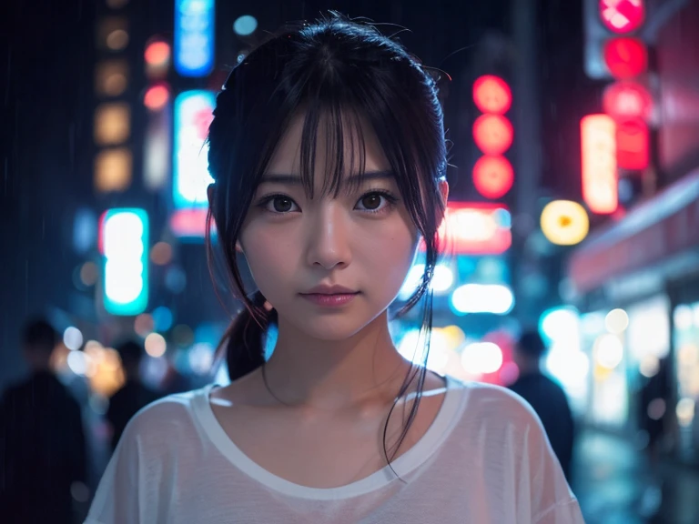 A beautiful Japanese female actress is staring at me, white thin Tshirt is wetty and see-through, cinematic lighting, depth of field, in a cyberpunk city, rain is falling, twilight, stars in the sky, a photo, DSLR.