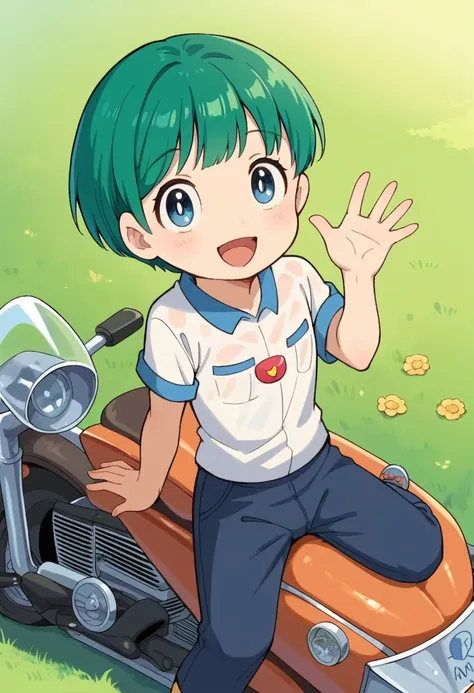 cute young boy, ropple, blue eyes, green hair, cute face, very smail, laughing, nsfw, small breasts, waist, motorcycle pants, we...