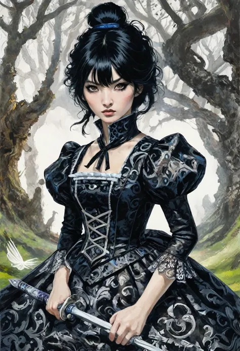 1girl, expressive black eyes, black hair, black patterned clothes dress ready for the battle, in wonderland, ink dyeing style