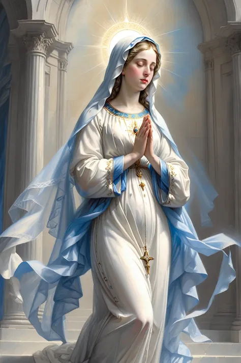 a beautiful ultra-thin realistic portrait of the virgin mary, white outfit with blue details, ((divinity)), whole body, biblical...