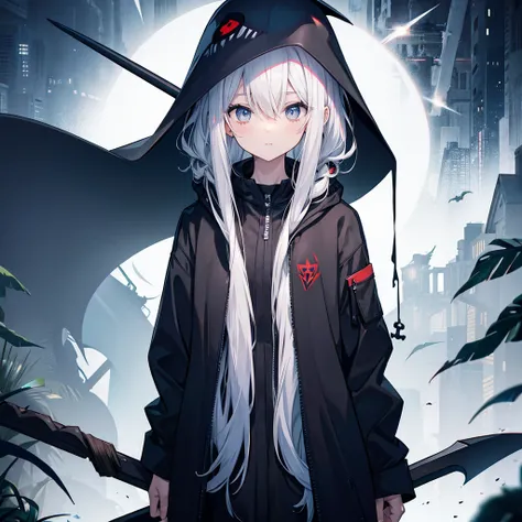 (((Grim Reaper&#39;s Scythe)))　(((Gray Hair　Short Hair　blue eyes　girl)))，((night　full moon　My own big wings))，(Wearing a hood　Black camisole　Purple light)，　A tense look　Shining Background　Shining Edge