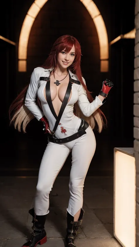 (masterpiece), best quality, HD, NIPPLES, expressive eyes, perfect face, solo, breasts, cleavage, full body, red hair, aqua eyes, no bra, collarbone, midriff, navel, slim body, necklace, ankh, belt, black gloves, milf, ankh, white strait bodysuit, compass ...