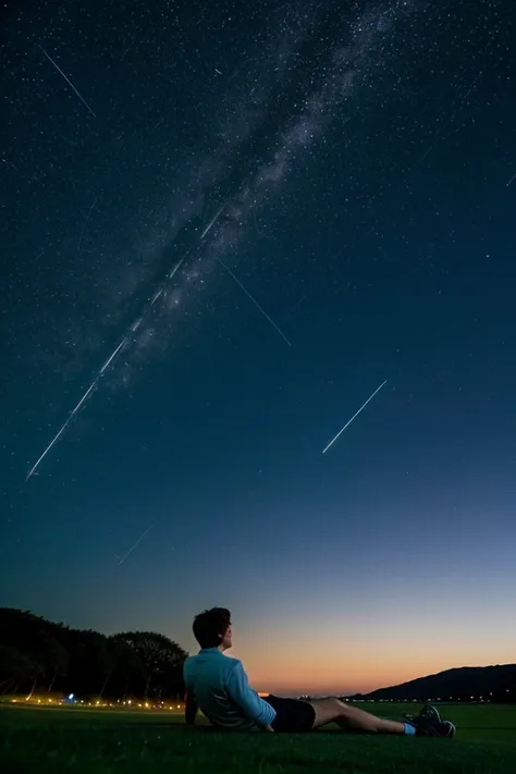 Create image: Jeon Jungkook lying on the grass at night looking at the sky while a shooting star passes by his eyes