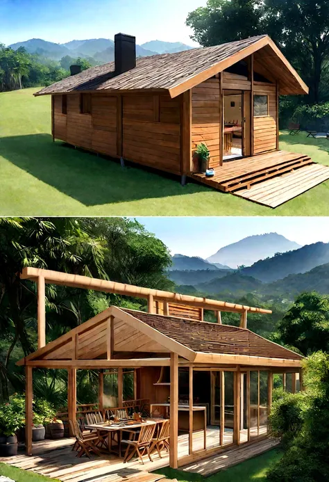 create a modern a-frame style cabin in Sitio Bela Vista located in Joanópolis, São Paulo, on a sloping plot, with views of the mountains, wooden deck with external furniture, external fireplace, barbecue, realistic