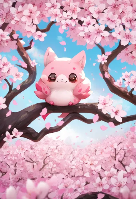 A very cute little cherry blossom animal, surrounded by cherry blossoms