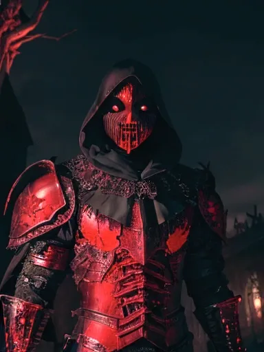  
(extremely detailed 8k wallpaper), a medium shot photo of scary  Grim dressed as a bloody masked vampire in an armour made of red glowing wires from marvel, theme, intricate, high detail, dramatic, old scary building  with a leaves in the background 