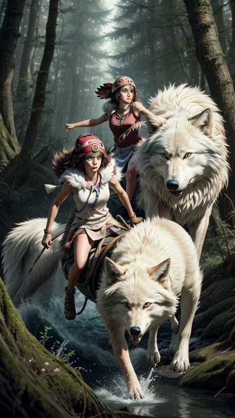 official art, unity 8k wallpaper, Super detailed, beautiful, beautiful, masterpiece, highest quality, Painting of a woman riding a white wolf in the forest, studio ghibly style mononoke, riding a giant silver wolf, artwork in the style of Gweiz, princess m...