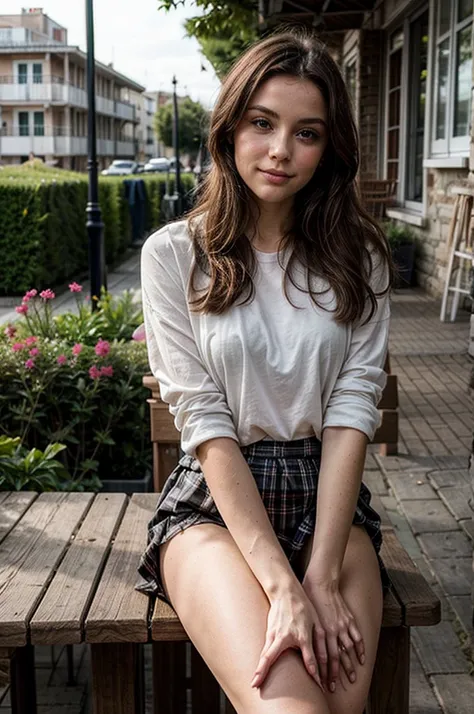 jeune femme de 25 ans, brune, extrêmement réaliste, tenue casual chic, vêtement détaillés, qui prend son café à la terrasse d'un...