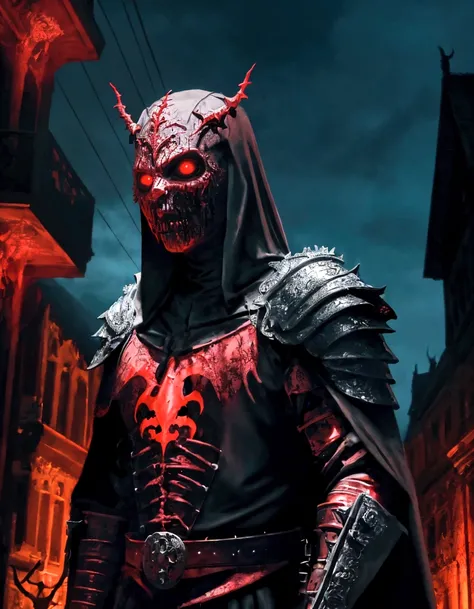  
(extremely detailed 8k wallpaper), a medium shot photo of scary  Grim dressed as a bloody masked vampire in an armour made of red glowing wires from marvel, theme, intricate, high detail, dramatic, old scary building  with a leaves in the background 