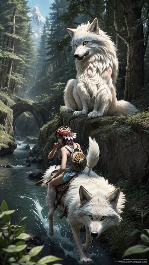 official art, unity 8k wallpaper, Super detailed, beautiful, beautiful, masterpiece, highest quality, Painting of a woman riding a white wolf in the forest, studio ghibly style mononoke, riding a giant silver wolf, artwork in the style of Gweiz, princess m...