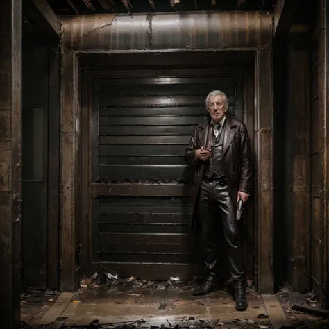 Professional photo,iean McKellen as donald sutherland,van hellsing ,a Priest dressed in a (((ragged ))black office suit ((reinforced with  leather scraps)),holding a post apocalypse gun, 4k,photo, photographic style, photographyfull body,4k,photo, photogra...