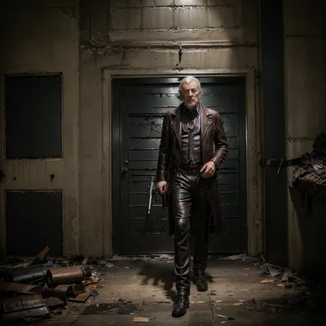 Professional photo,iean McKellen as donald sutherland,van hellsing ,a Priest dressed in a (((ragged ))black office suit ((reinforced with  leather scraps)),holding a post apocalypse gun, 4k,photo, photographic style, photographyfull body,4k,photo, photogra...