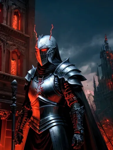  
(extremely detailed 8k wallpaper), a medium shot photo of scary  Grim dressed as a white masked knight in an armour made of red glowing wires from marvel, theme, intricate, high detail, dramatic, old scary building with metallic spikes in the background 