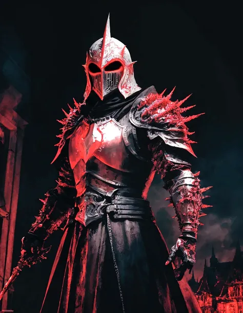  
(extremely detailed 8k wallpaper), a medium shot photo of scary  Grim dressed as a white masked knight in an armour made of red glowing wires from marvel, theme, intricate, high detail, dramatic, old scary building with metallic spikes in the background 